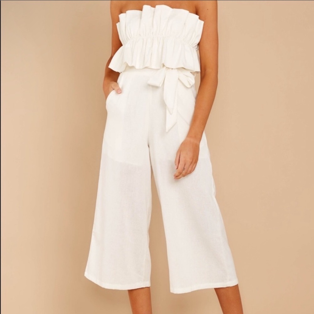 Saints + Secrets Ruffle Cream Linen Open Back Jumpsuit